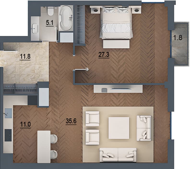 2 rooms, 105.40 sq.m.