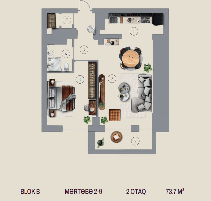 73.7 kvm, 3 otaqlı studio mənzil, blok B