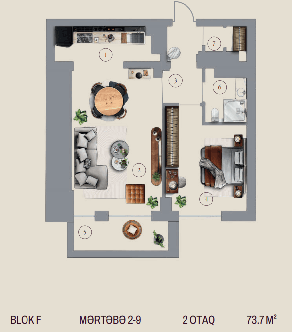 73.7 kvm, 3 otaqlı studio mənzil, blok F