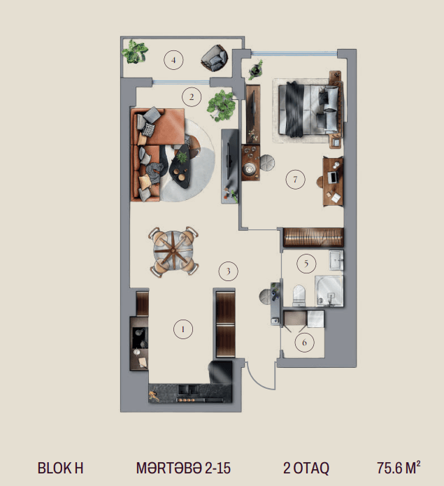 75.6 kvm, 2 otaqlı studio mənzil, blok H