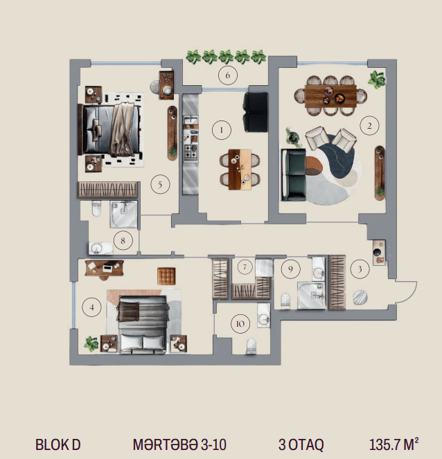 135.7 kvm, 3 otaqlı mənzil, blok D