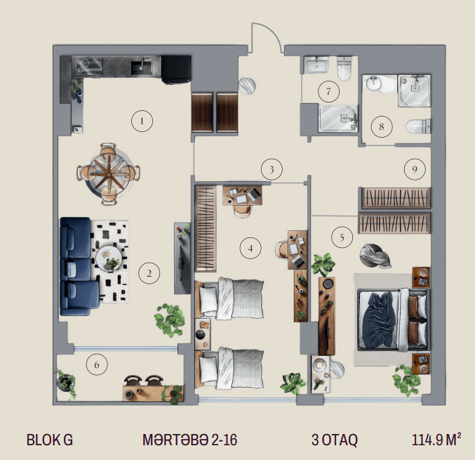 114.9 kvm, 3 otaqlı studio mənzil, blok G
