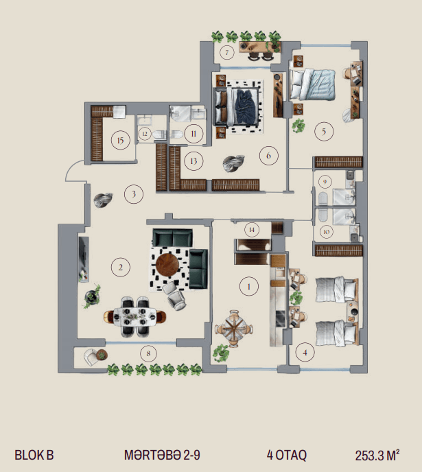 253.3 kvm, 4 otaqlı mənzil, blok B