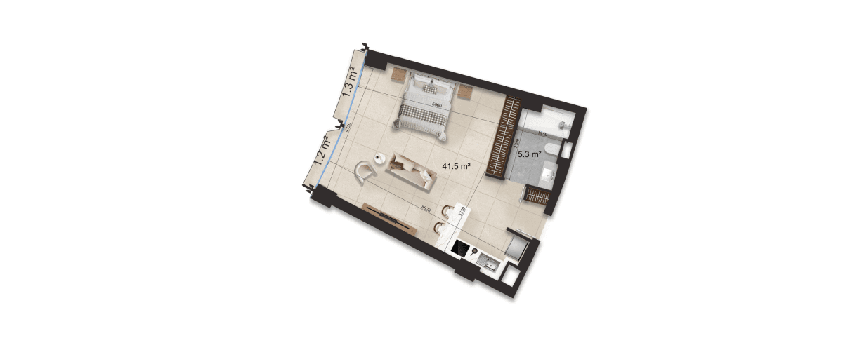 57.5 kvm, 1 otaqlı studio mənzil