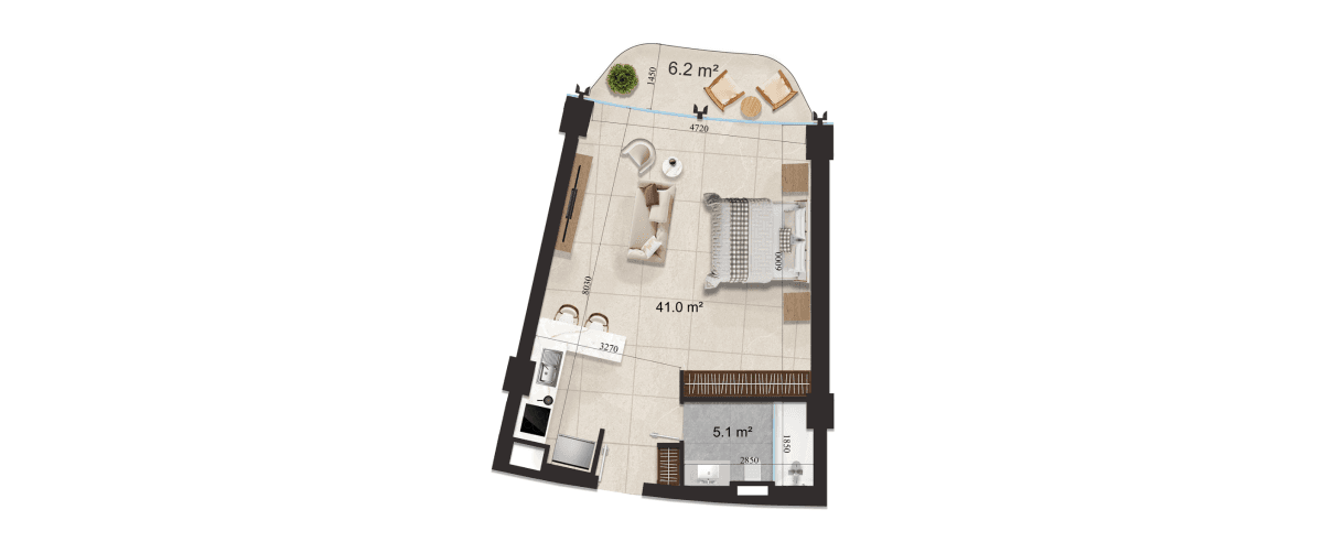 58.7 kvm, 1 otaqlı studio mənzil