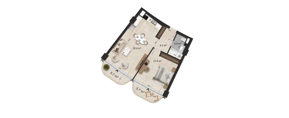82.5 kvm, 2 otaqlı studio mənzil