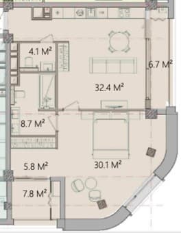 2 otaqlı studio, 95.60 kvm