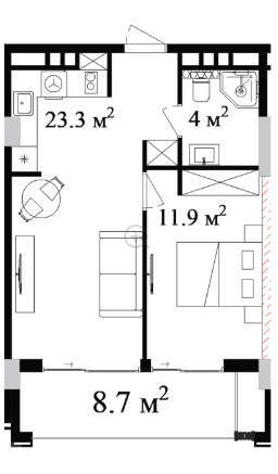 57.26 sqm, 3-room apartment