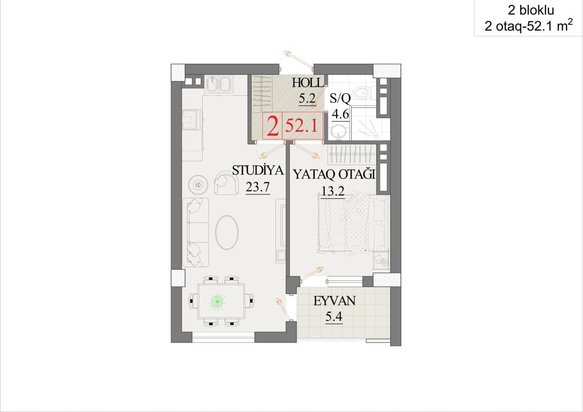 52.1 kvm, 2 otaqlı studiya - ikibloklu bina