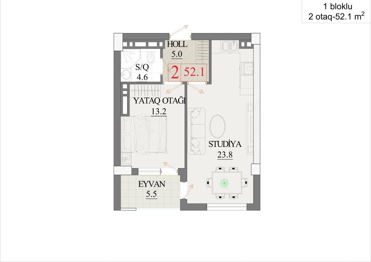52.1 kvm, 2 otaqlı studiya - birbloklu bina