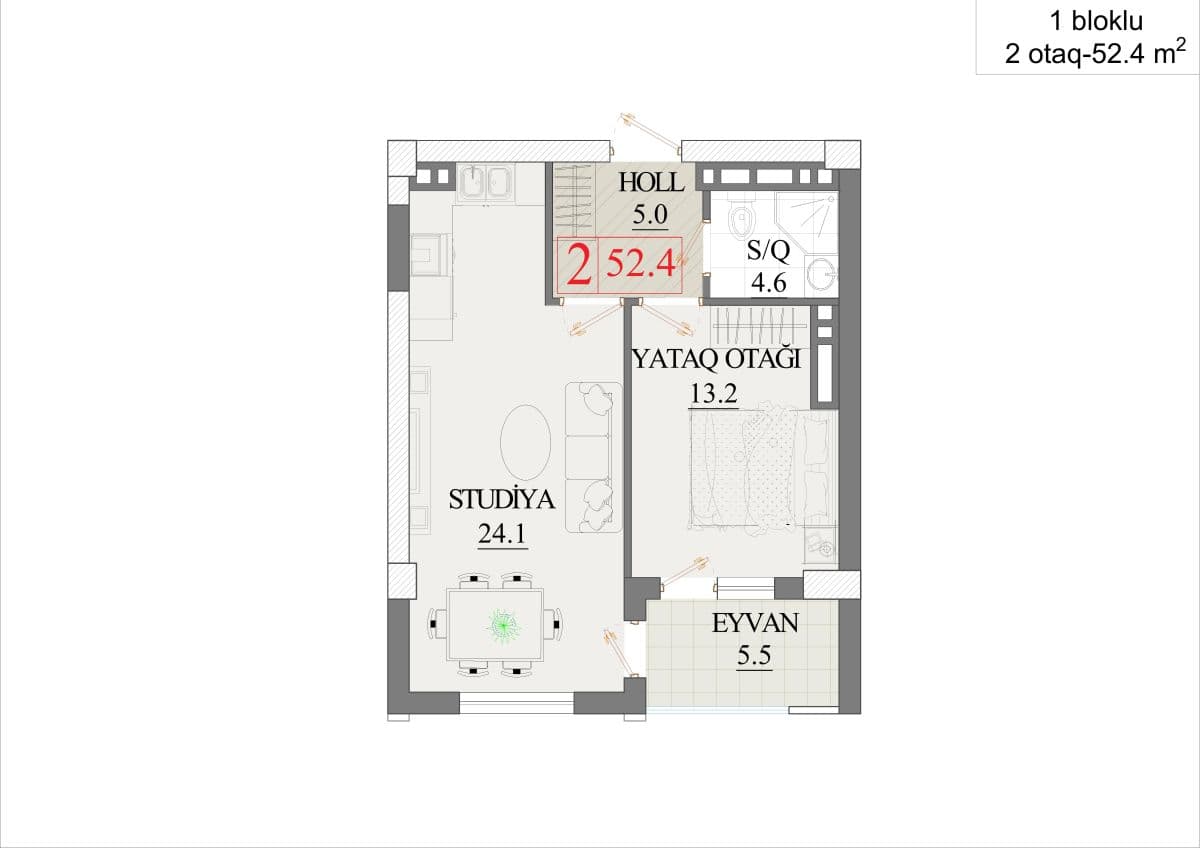 52.4 kvm, 2 otaqlı studiya - birbloklu bina
