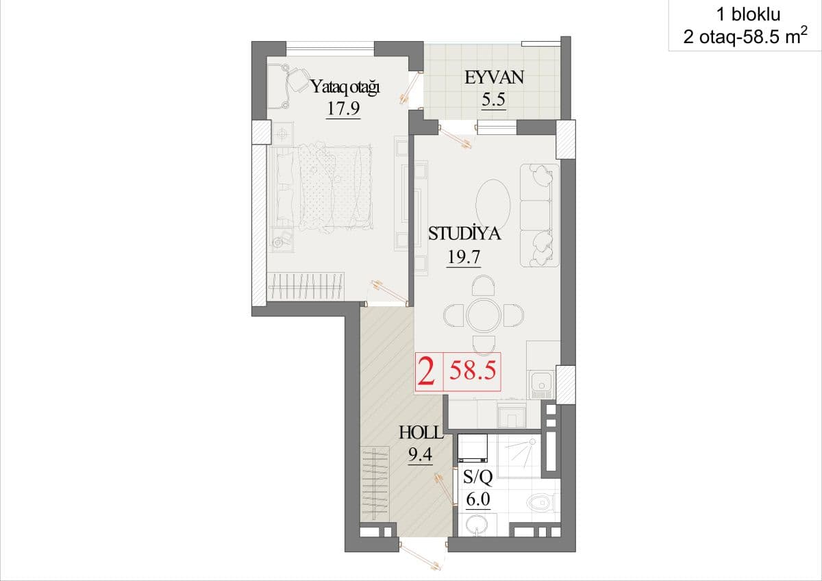 58.5 kvm, 2 otaqlı mənzil - birbloklu bina