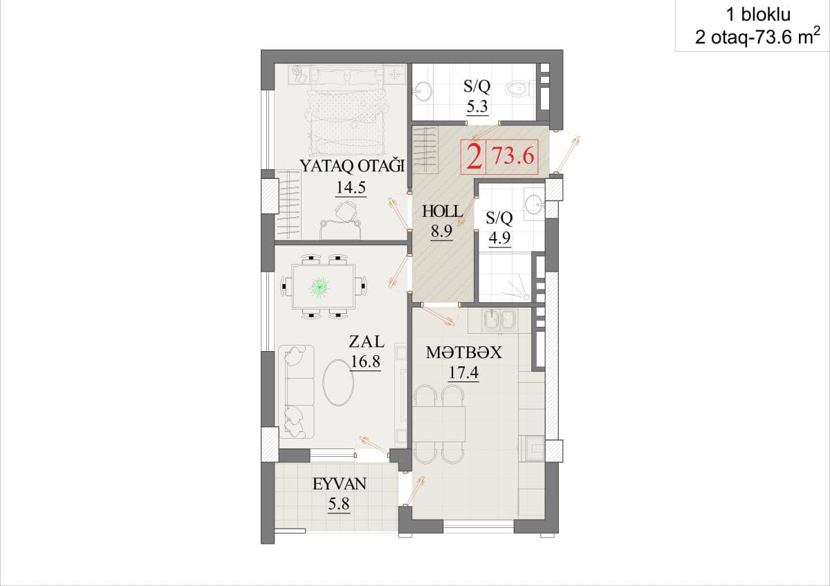 73.6 kvm, 2 otaqlı mənzil - birbloklu bina