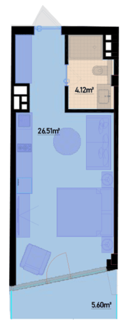 42.55 kvm, 1 otaqlı studiya
