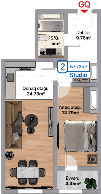 Blue City, 2 otaqlı menzil, 57.73 kvm, bina 1A, 1B, 1C, 1D, 1E, 1F, 1G, 1H, 1I, 1J, 1K