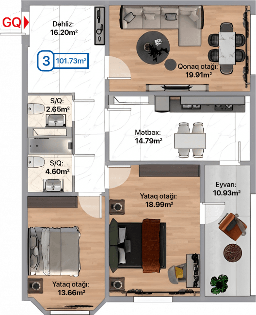 Blue City, 3 otaqlı menzil, 101.73 kvm, bina 1A, 1B, 1C, 1D, 1E, 1F, 1G, 1H, 1I, 1J, 1K
