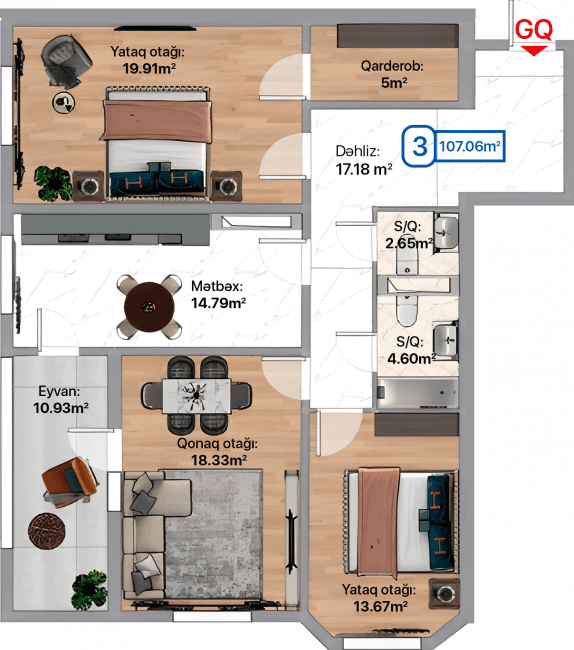 Blue City, 3 otaqlı menzil, 107.06 kvm, bina 1A, 1B, 1C, 1D, 1E, 1F, 1G, 1H, 1I, 1J, 1K