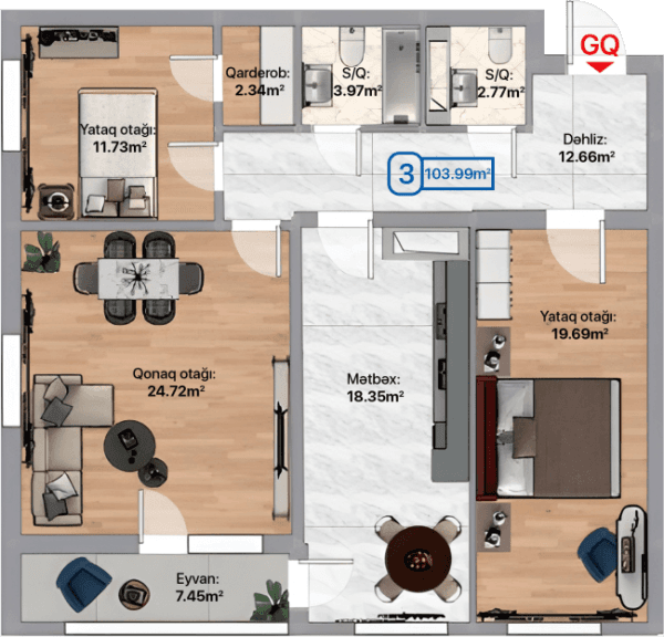 Blue City, 3 otaqlı mənzil, 103.99 kvm, bina 4B, 4D, 4E