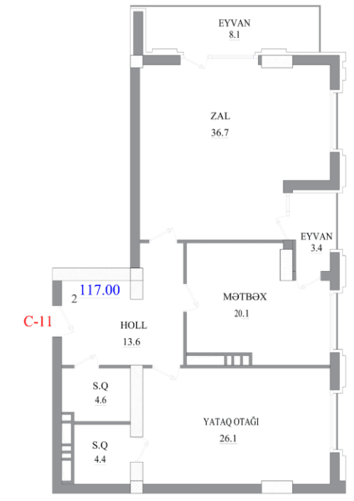 117 kvm, 2 otaqlı mənzil - C blok