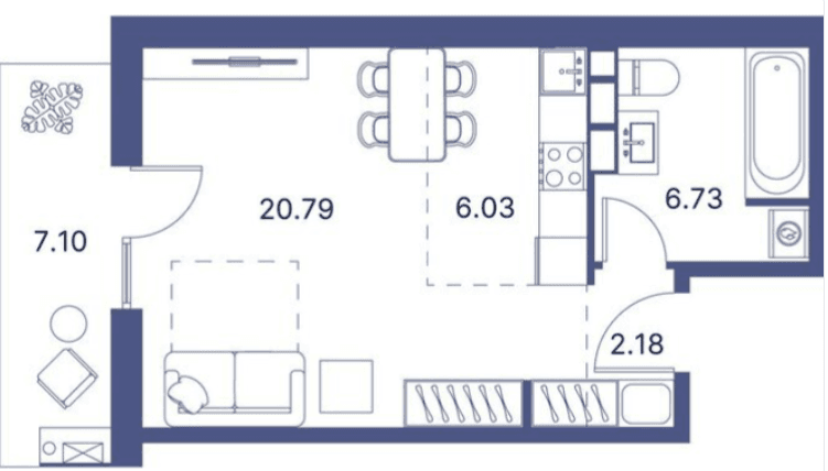 51.15 kvm, 1 otaqlı studio mənzil
