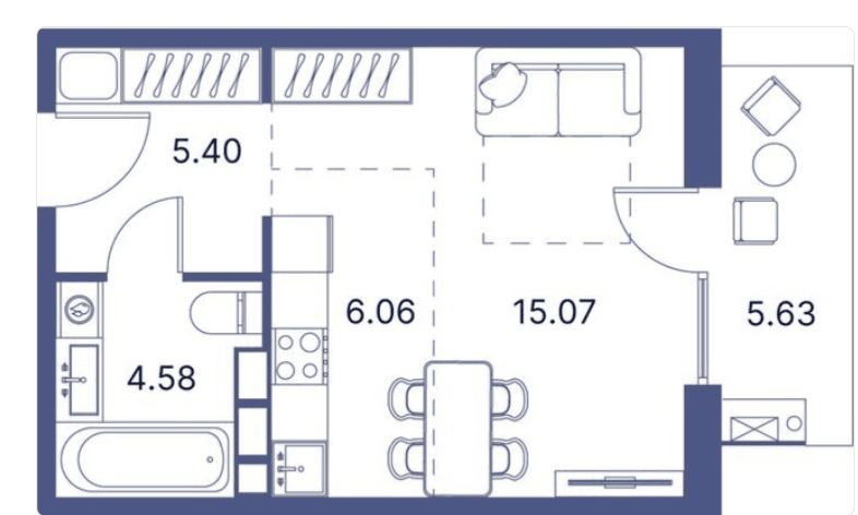 42.16 kvm, 1 otaqlı studio mənzil