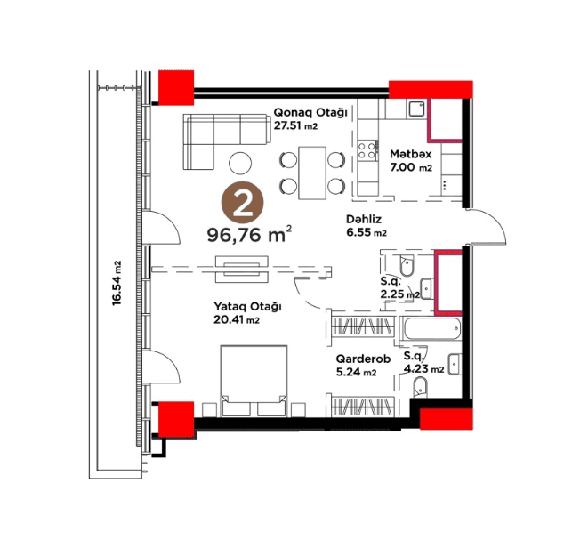96.76 kvm, 2 otaqlı mənzil
