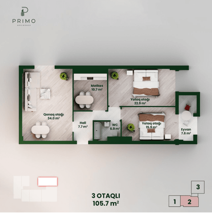 105.7 kvm, 3 otaqlı mənzil