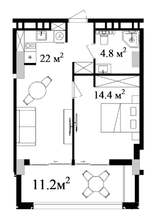 64.02 sqm, 2-room apartment