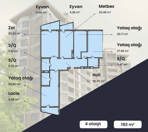 193 kvm, 4 otaqlı mənzil