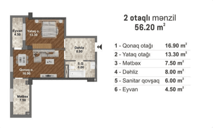 56.2 kvm, 2 otaqlı mənzil