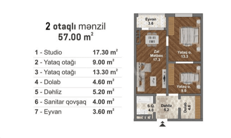 57 kvm, 3 otaqlı studio mənzil