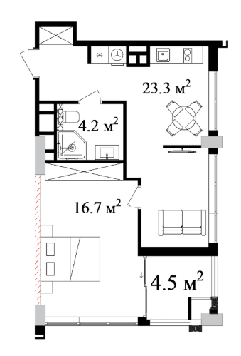 59.04 sqm, 2-room apartment