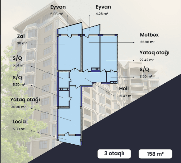 158 kvm, 3 otaqlı mənzil