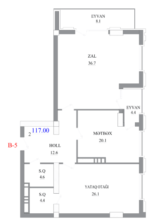 117 kvm - 2 otaqlı mənzil - B blok