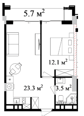 54.91 sqm, 2-room apartment
