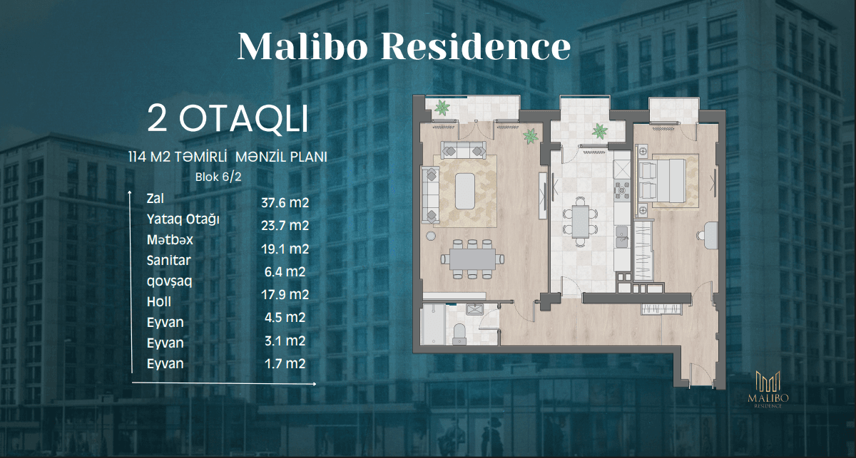 Malibo Residence 2 otaqli 114 kvm
