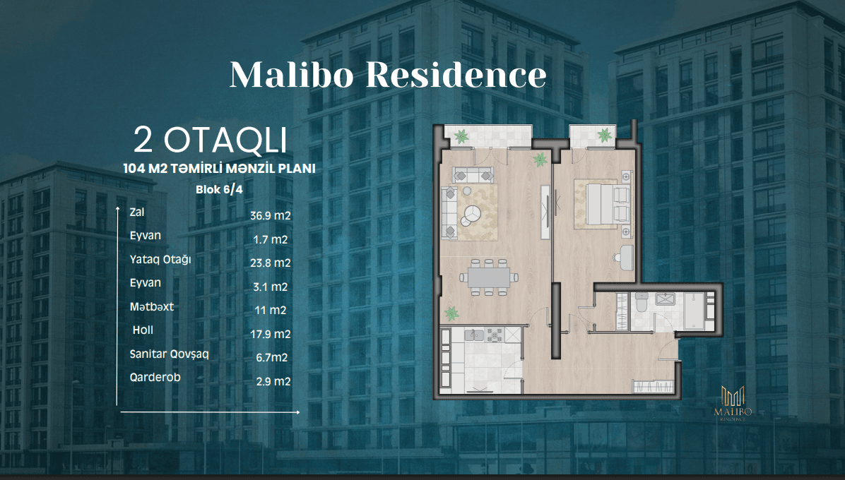 Malibo Residence 2 otaqli 104 kvm