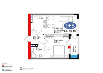 56.49 kvm, 2 otaqlı studio mənzil