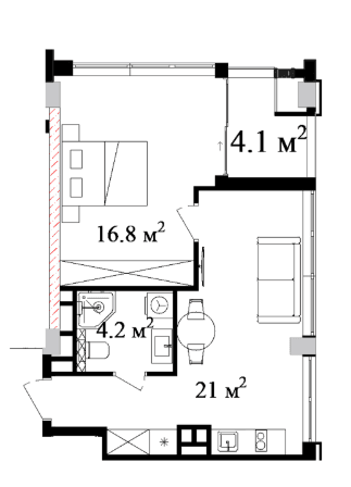 56.89 sqm, 2-room apartment