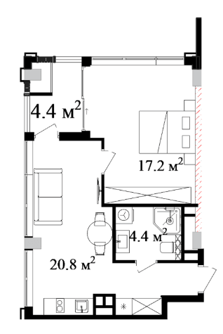 57.42 sqm, 2-room apartment