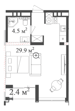 44.4 sqm, studio apartment