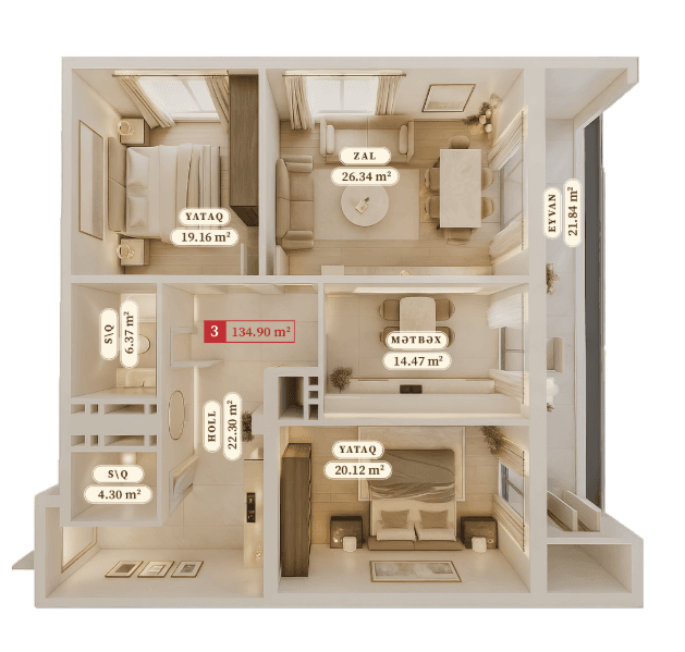 134.90 kvm, 3 otaqlı mənzil