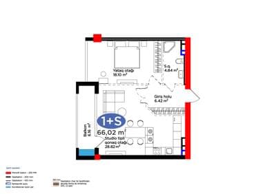 66.02 kvm, 2 otaqlı studio mənzil