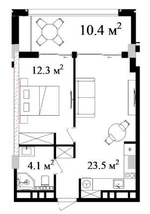 60.68 sqm, 2-room apartment
