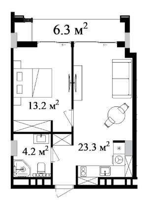 56.76 sqm, 2-room apartment
