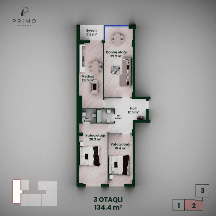 134.4 kvm, 3 otaqlı mənzil