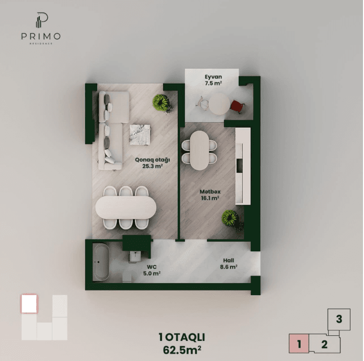 62.5 kvm, 1 otaqlı mənzil
