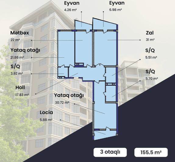 155.5 kvm, 3 otaqlı mənzil
