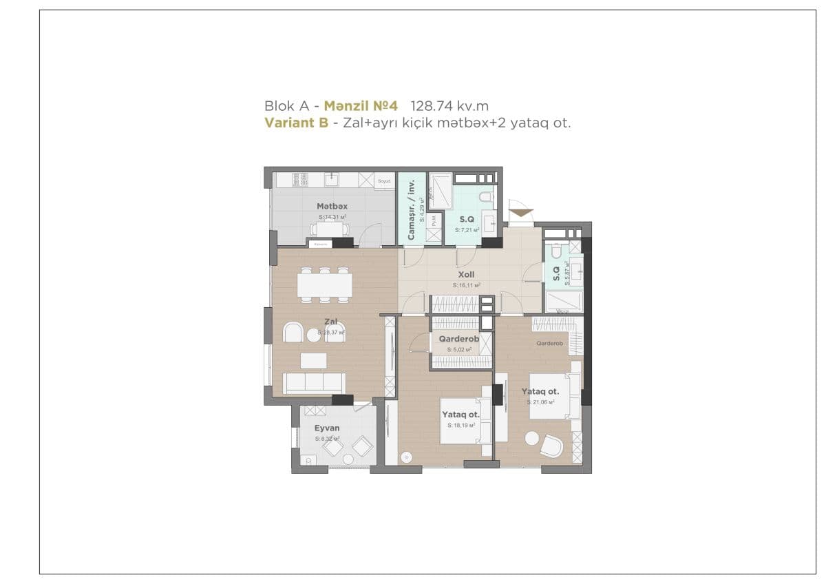 Nizami city, 3 rooms, 128.74 sq.m.