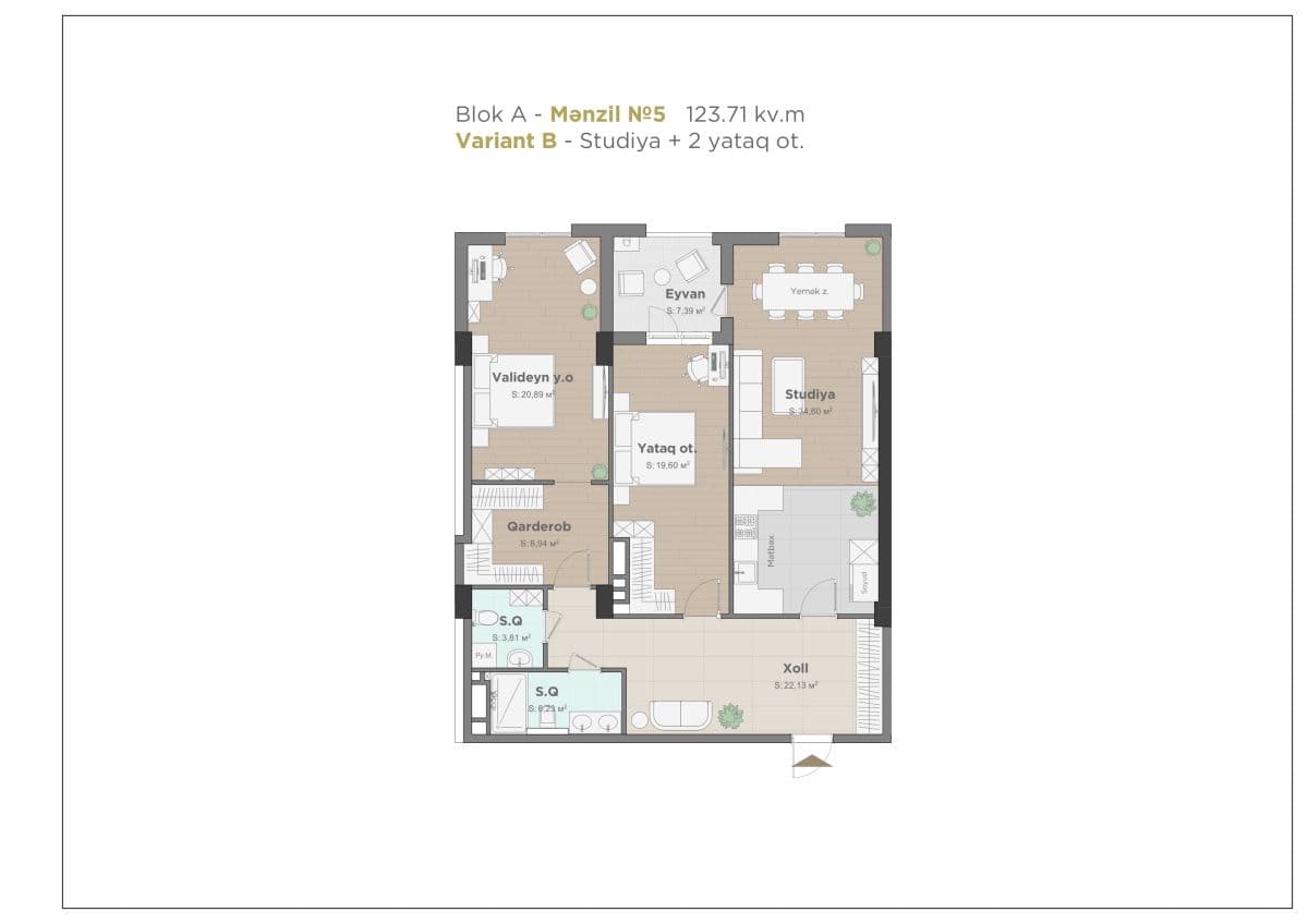 Nizami city, 3 rooms, 123.71 sq.m.